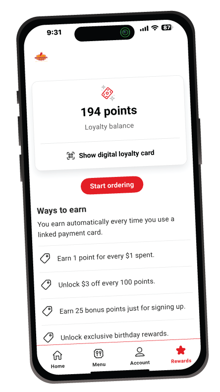 Shawarma Guys Rewards app showing points balance and ways to earn